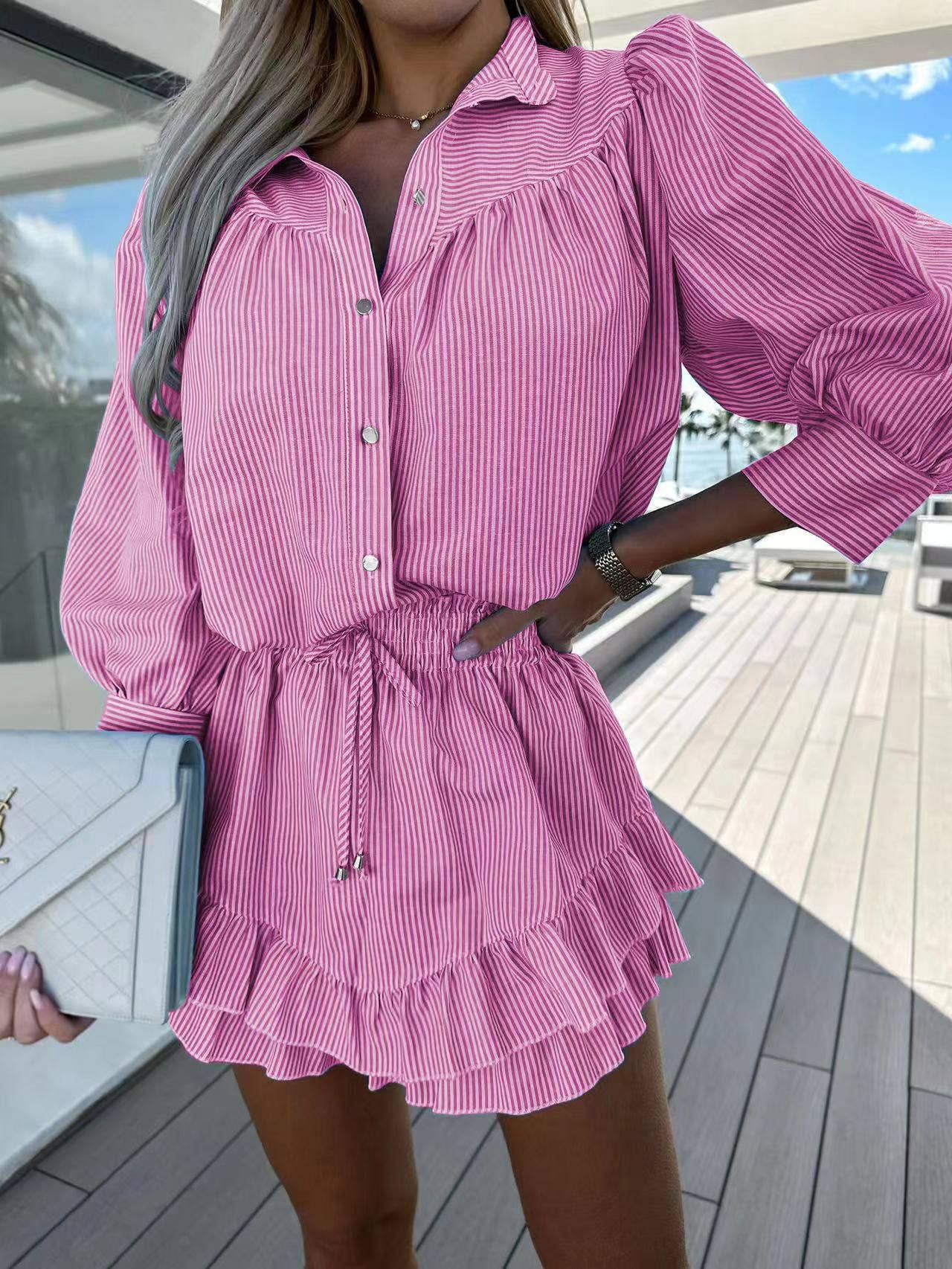 Lily Clothing - Casual striped shirt short skirt two-piece set