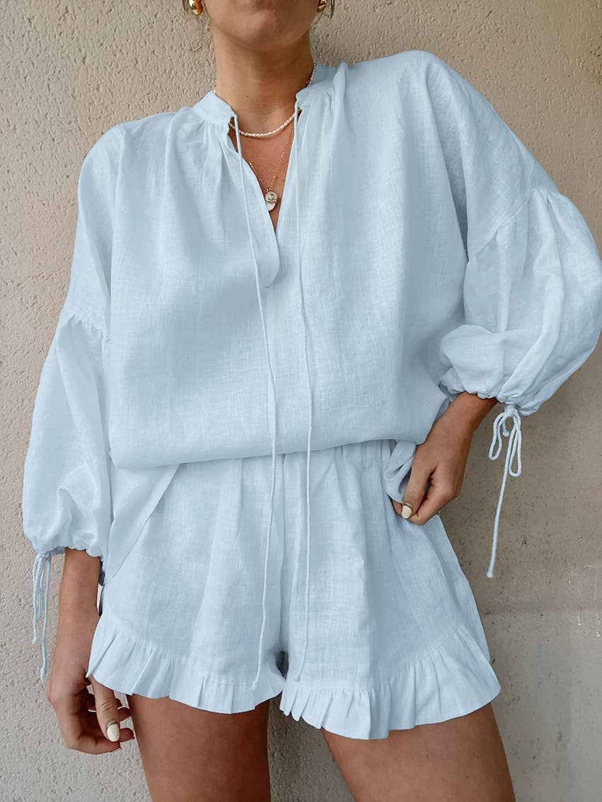 Lily Clothing - COTTON LINEN V-NECK LANTERN SLEEVE SHORTS SUIT:
