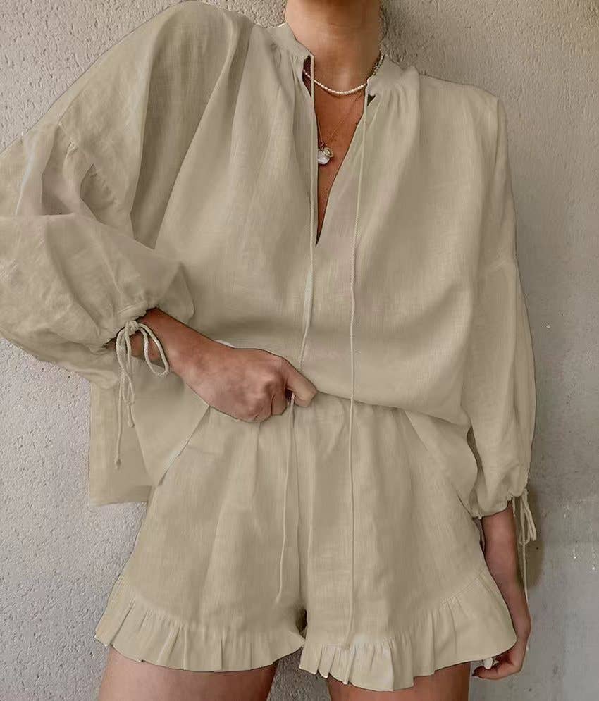 Lily Clothing - COTTON LINEN V-NECK LANTERN SLEEVE SHORTS SUIT: