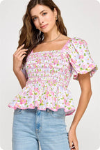 Smocked Floral Peplum Top