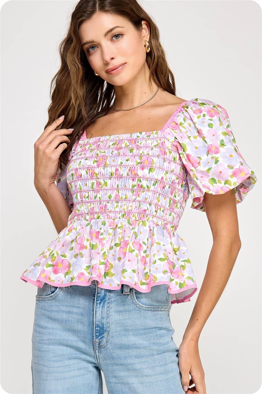 Smocked Floral Peplum Top