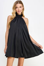 Mock Neck Halter Satin Mini Dress: Champagne