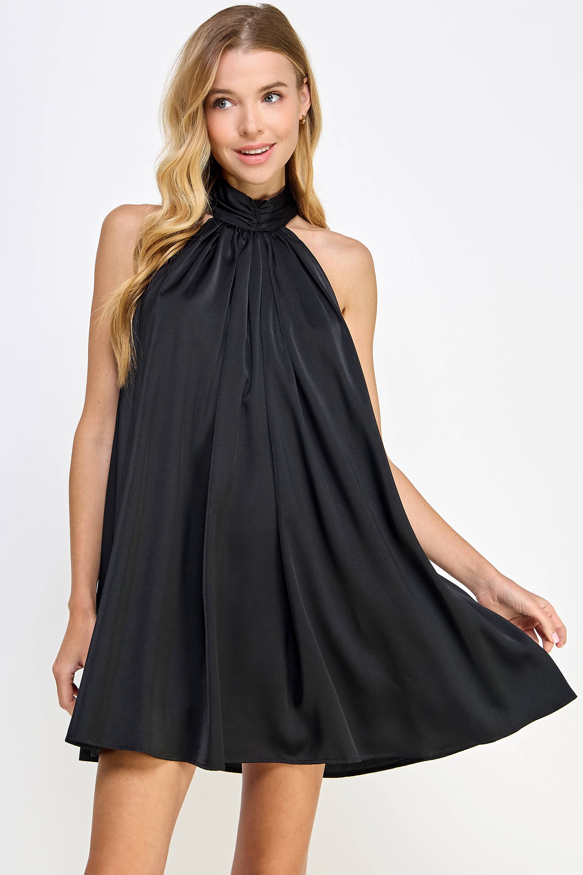 Mock Neck Halter Satin Mini Dress: Champagne