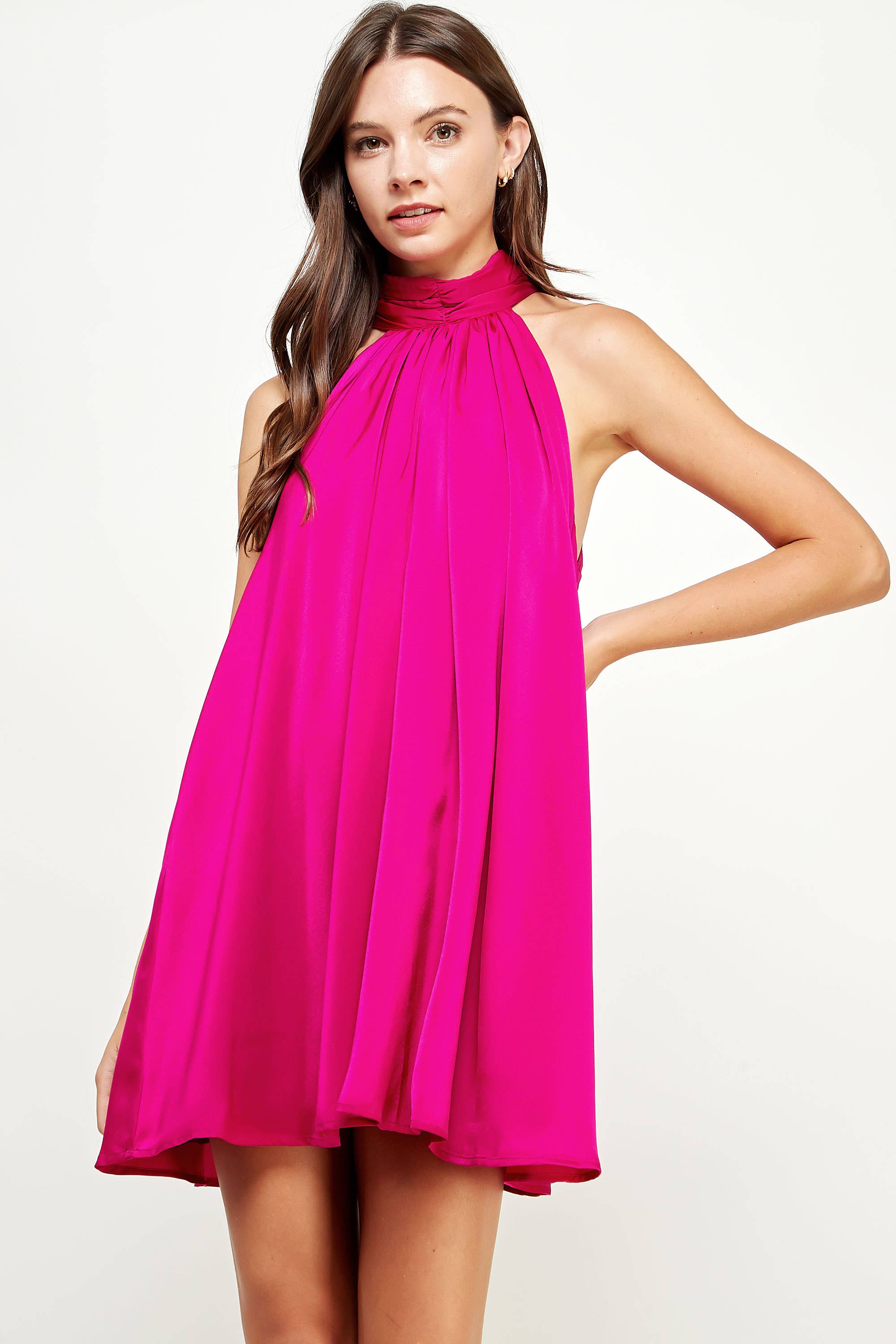 Mock Neck Halter Satin Mini Dress: Champagne