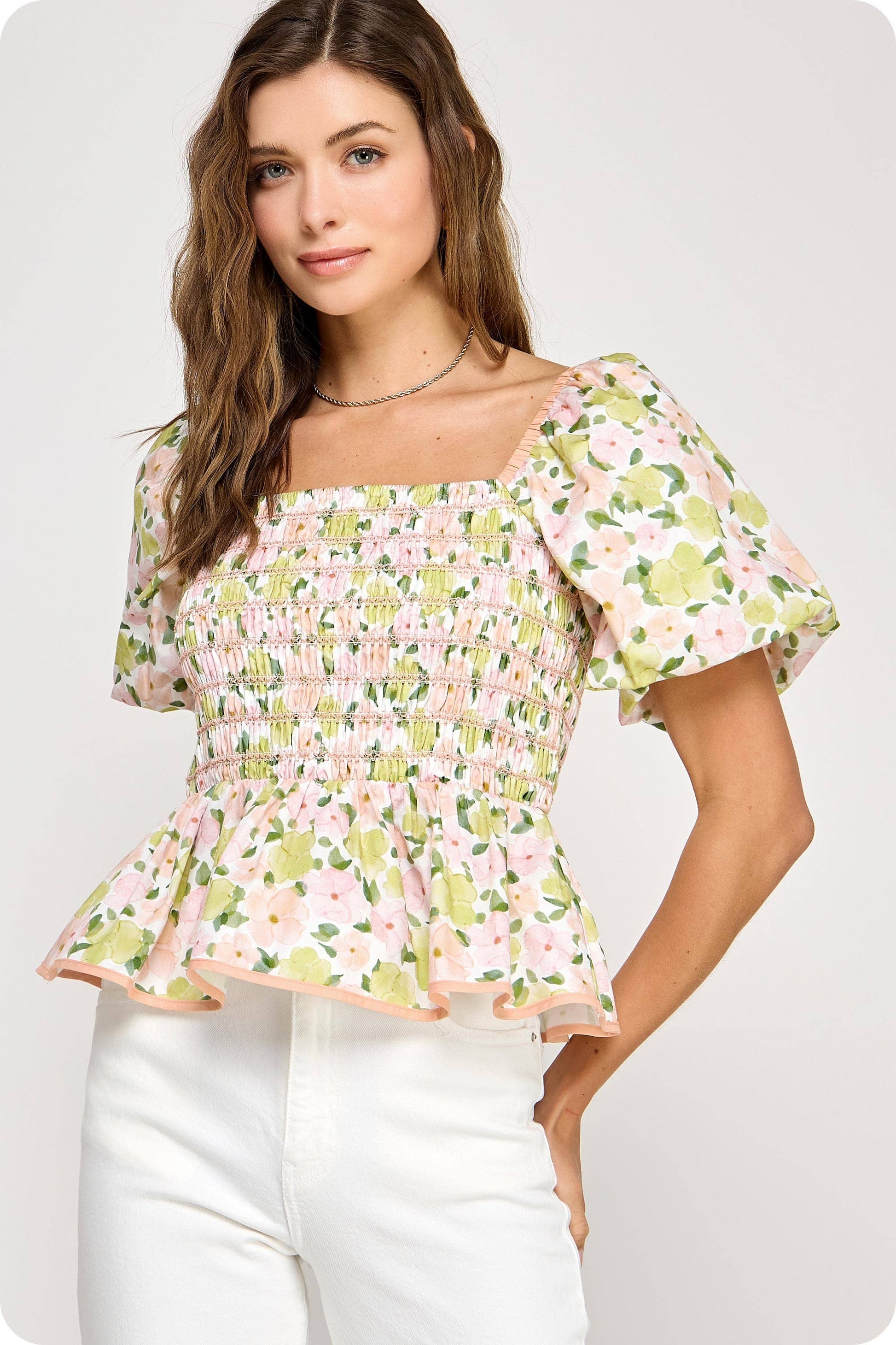 Smocked Floral Peplum Top