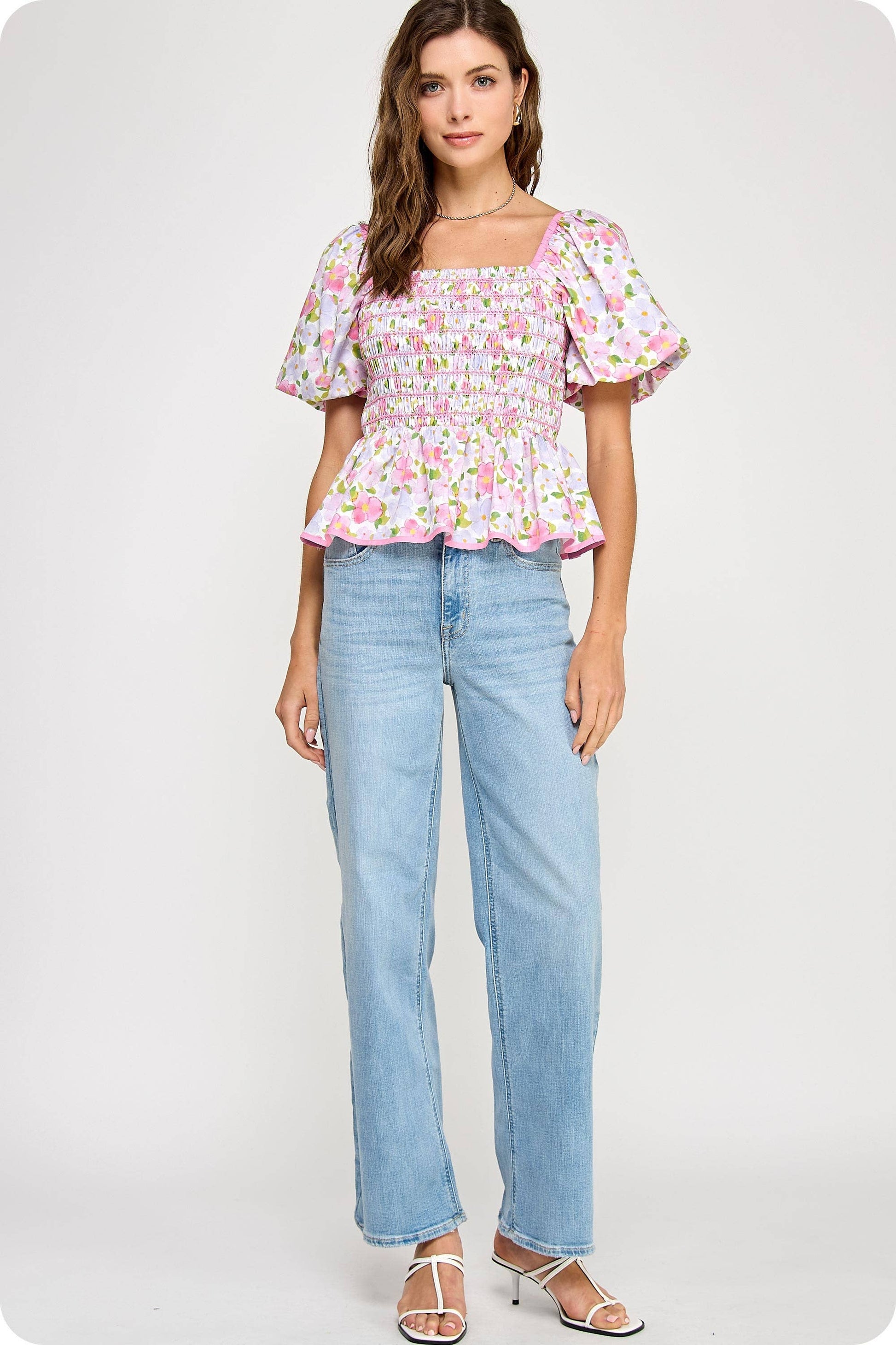 Smocked Floral Peplum Top