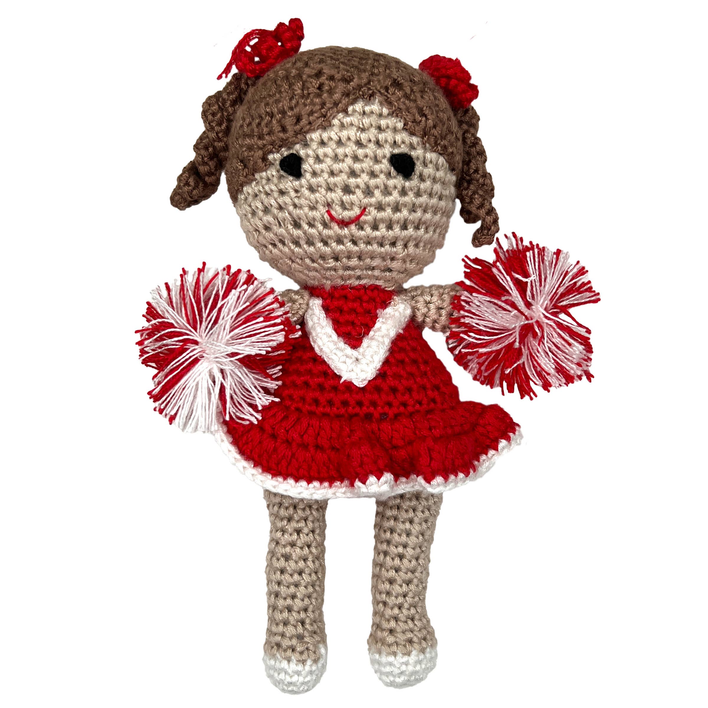 Petit Ami & Zubels - Cheerleader Bamboo Crochet Rattles in Multiple Colors: Red/White / 5" Rattle