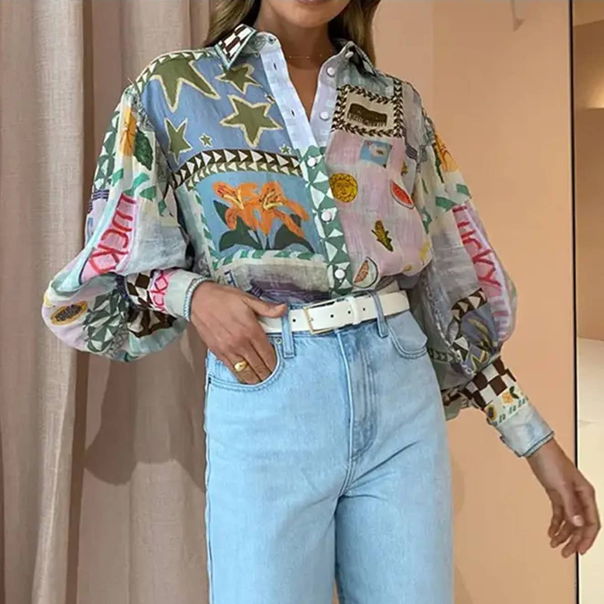 Lily Clothing - LAPEL PRINT CASUAL FASHION SHIRT