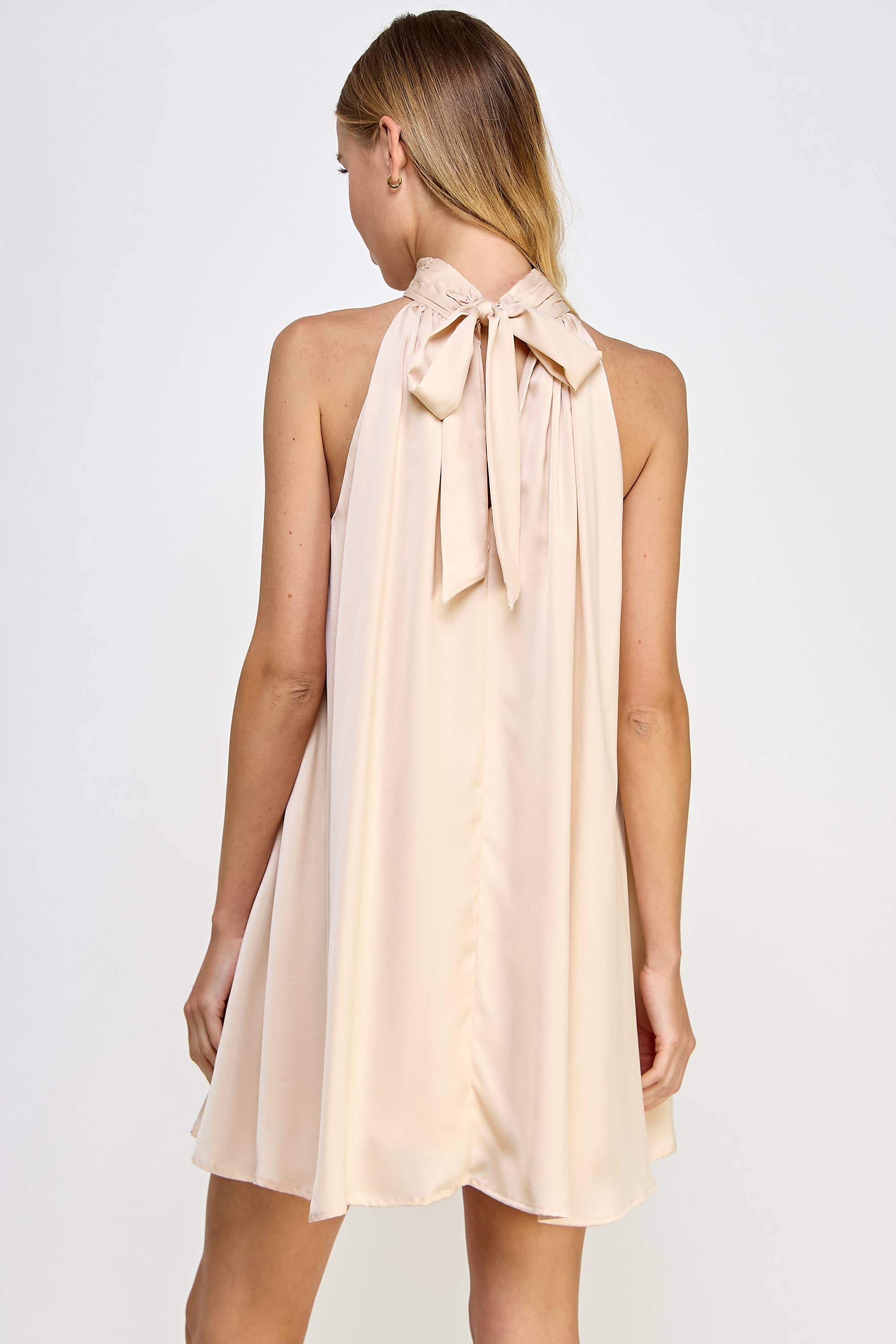 Mock Neck Halter Satin Mini Dress: Champagne