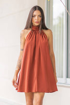 Strut & Bolt - Mock Neck Halter Satin Mini Dress: Champagne / L