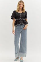Button Up Piped Scallop Detail Top