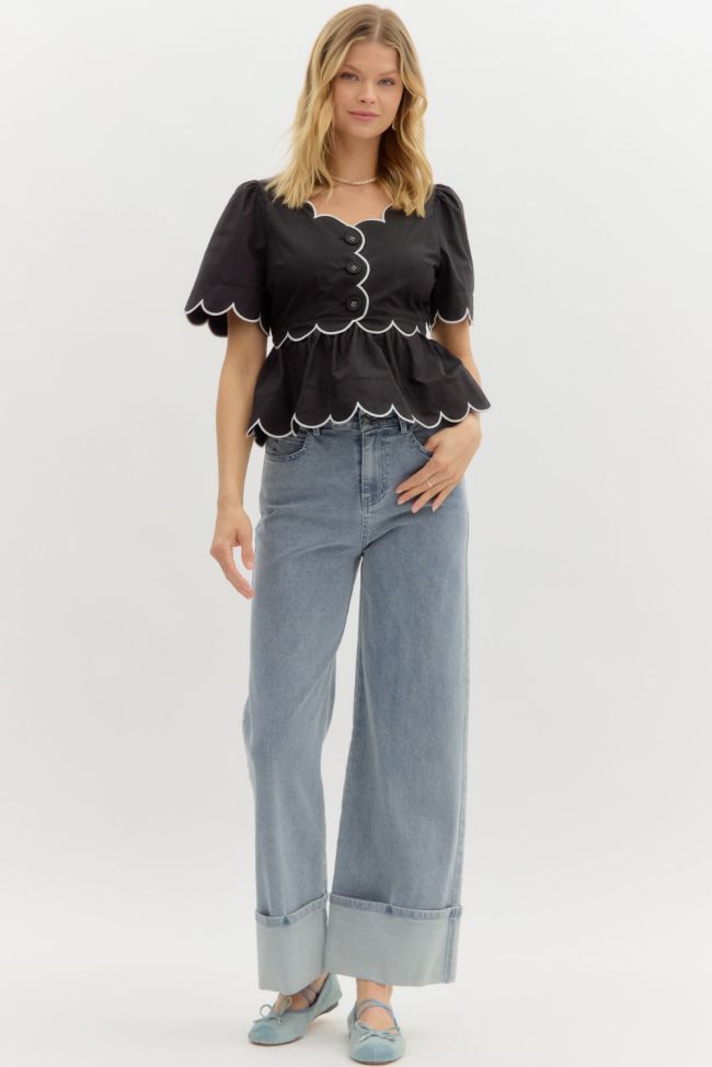 Button Up Piped Scallop Detail Top