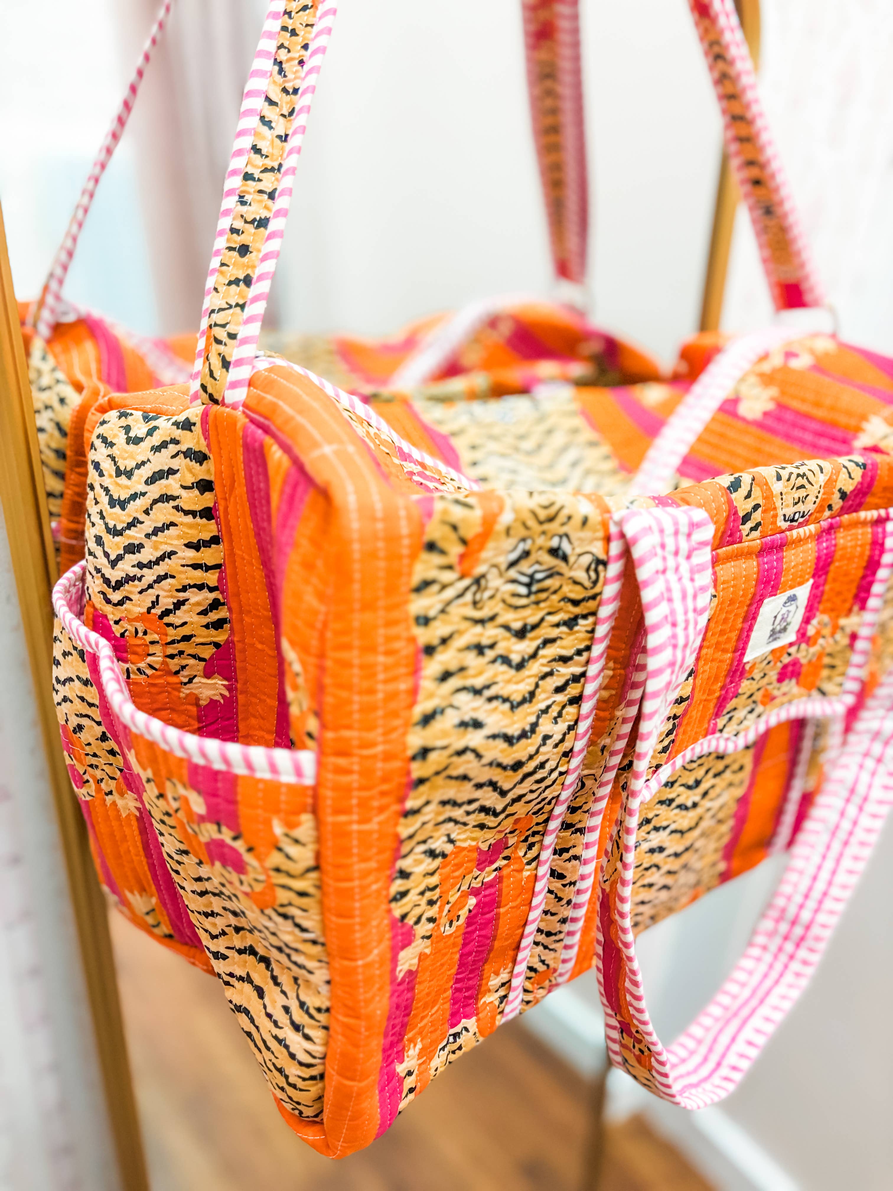 Heart of Grace - Pink + Orange Tiger Large Scalloped Quilted Duffle Bag