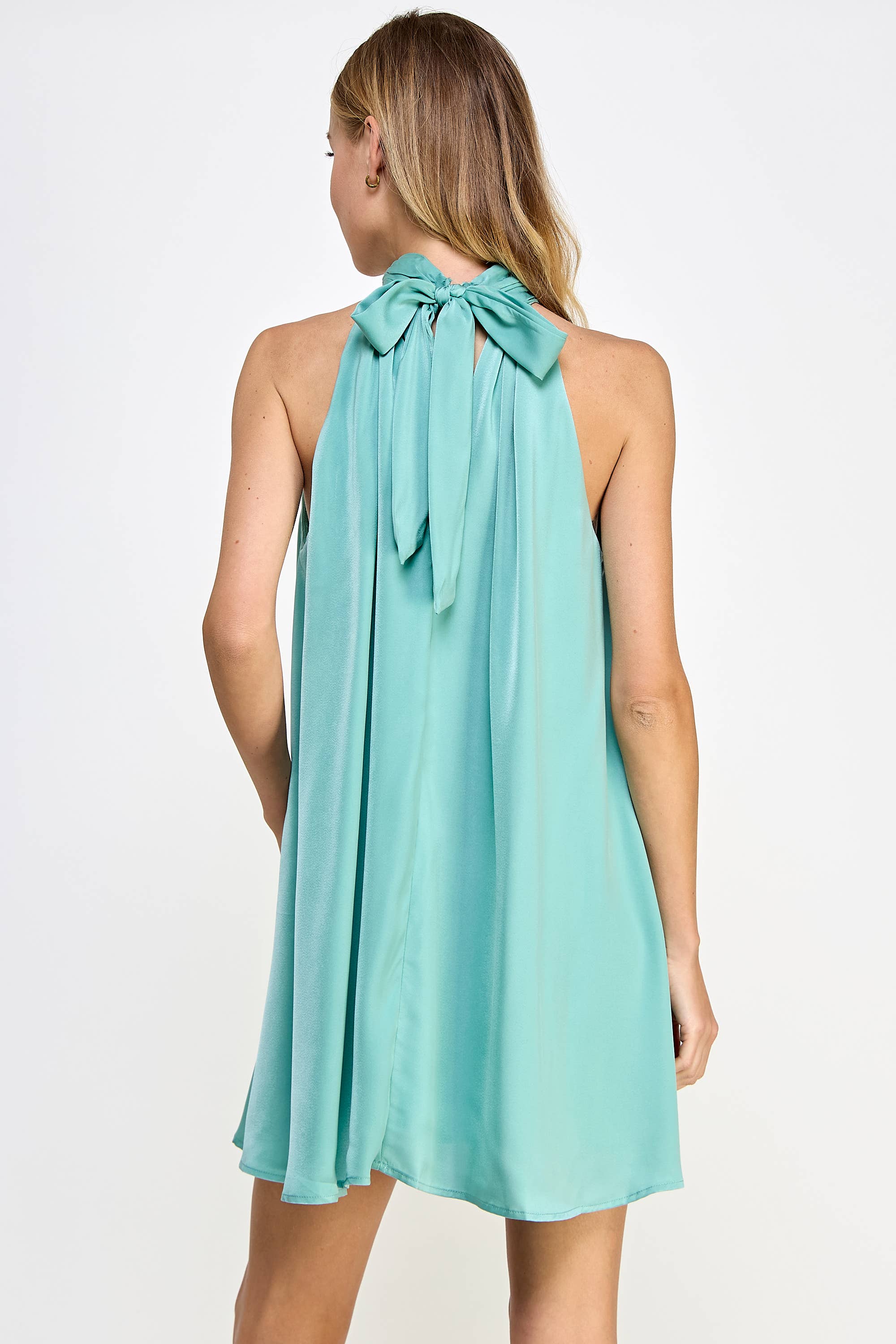 Mock Neck Halter Satin Mini Dress: Champagne