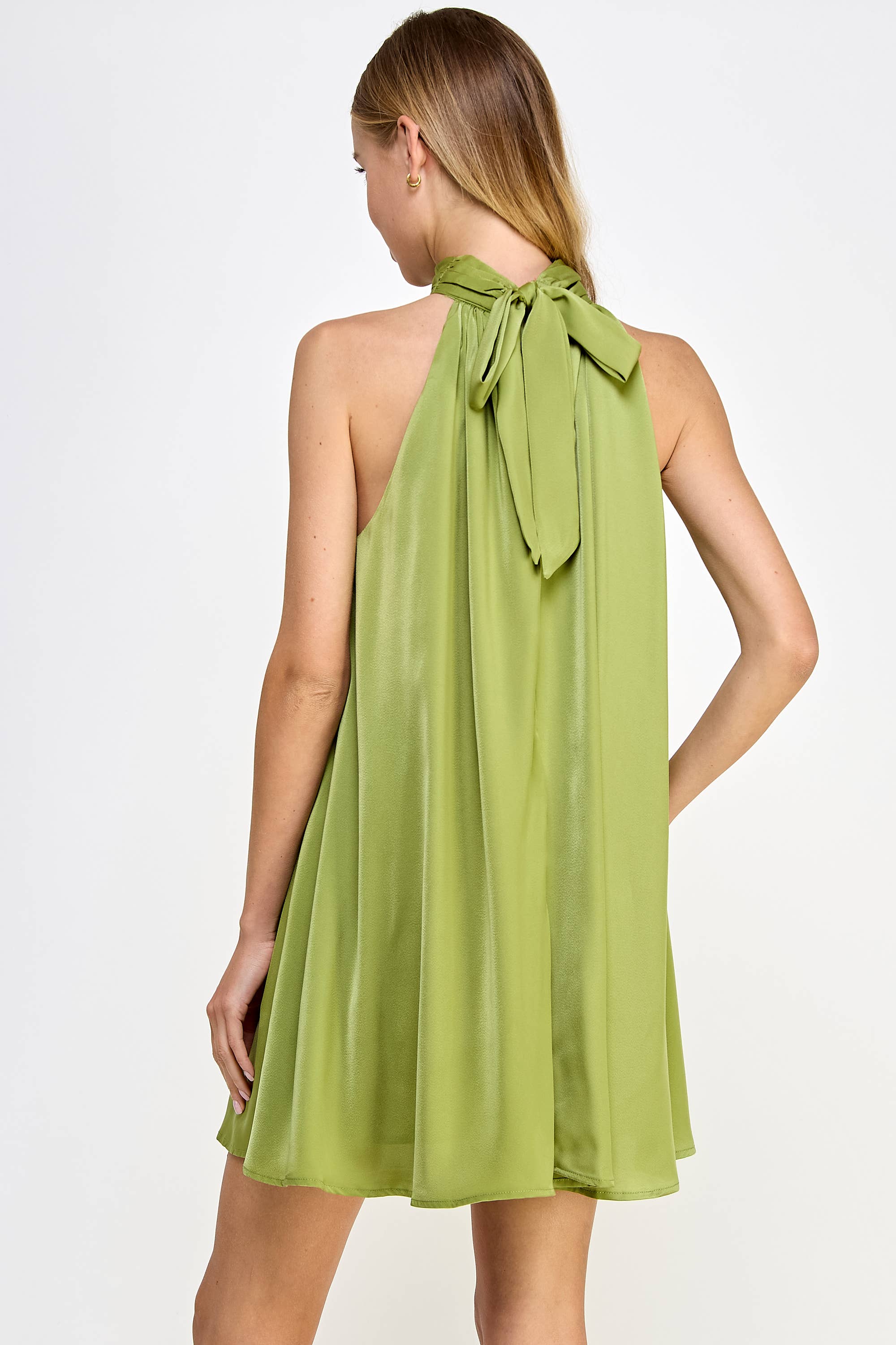 Mock Neck Halter Satin Mini Dress: Champagne