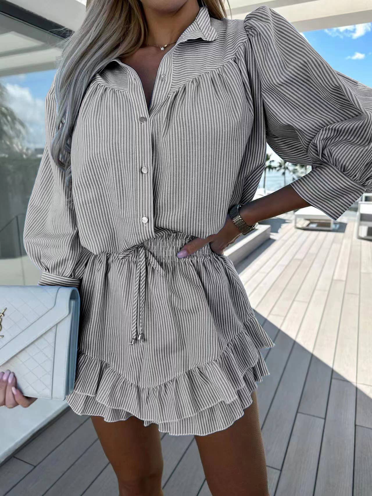 Lily Clothing - Casual striped shirt short skirt two-piece set