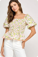 Smocked Floral Peplum Top