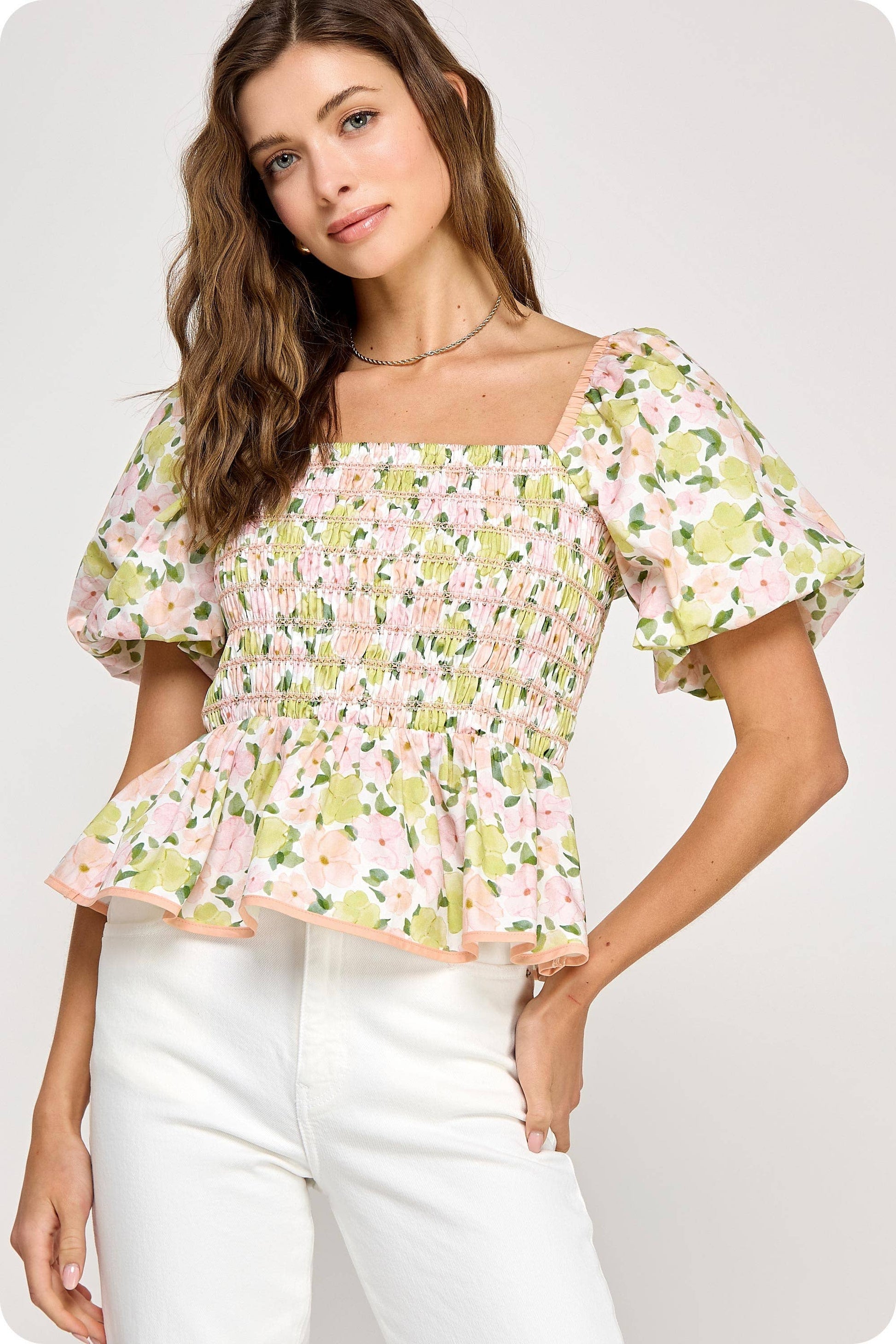 Smocked Floral Peplum Top