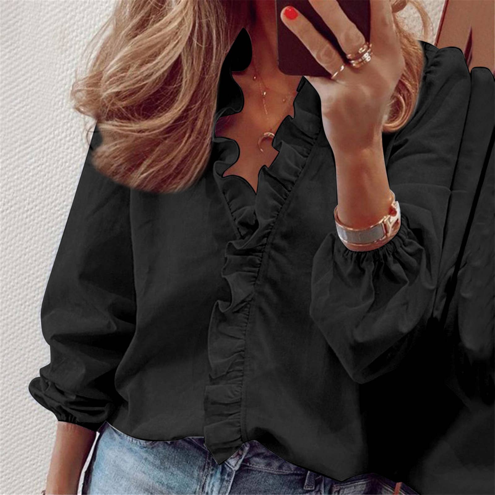 Lily Clothing - SOLID COLOR FASHION LONG-SLEEVED RUFFLED SHIRT