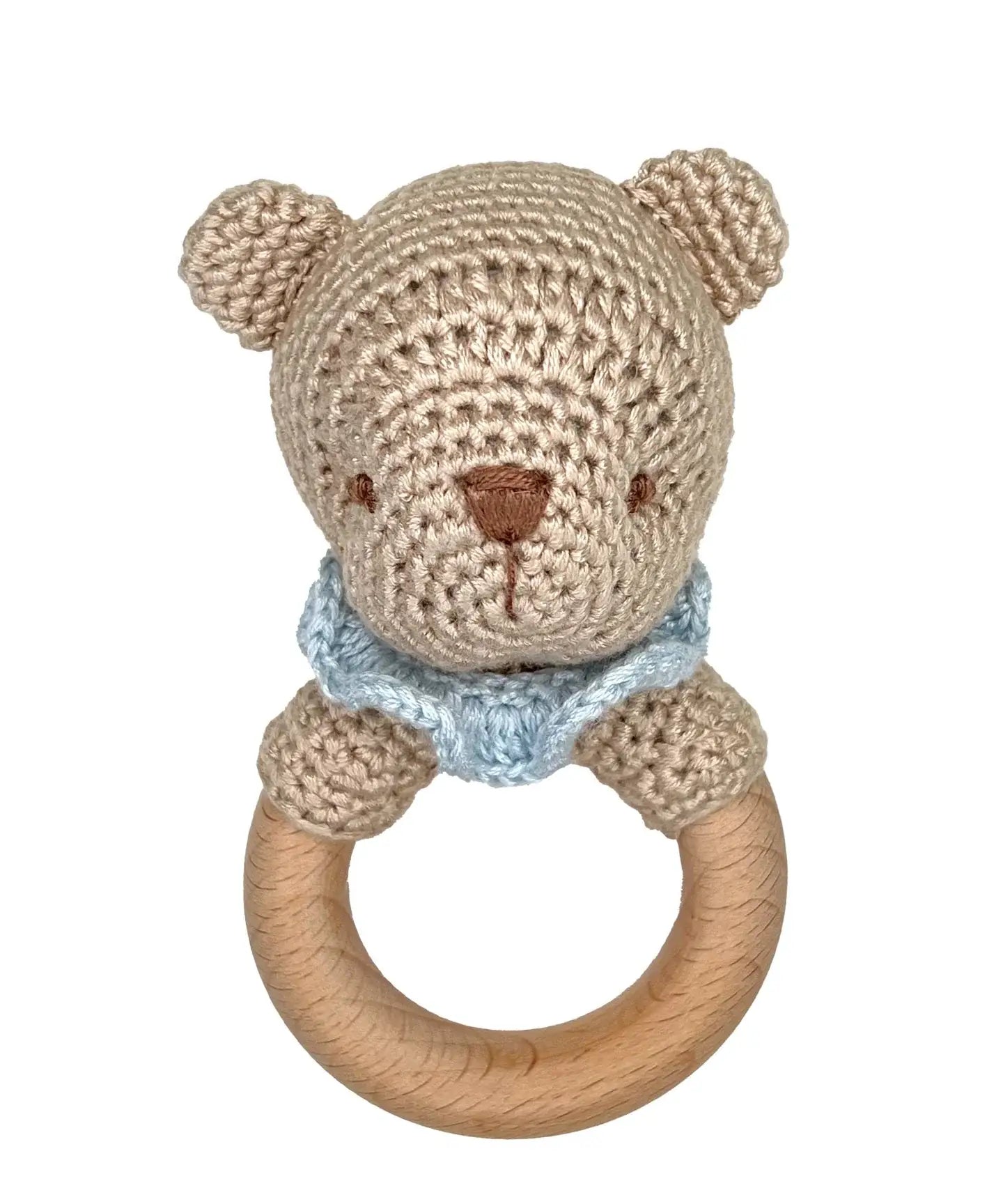 Petit Ami & Zubels - Bear Bamboo Crochet Woodring Rattle - 2 Colors!: Blue / 5" Rattle