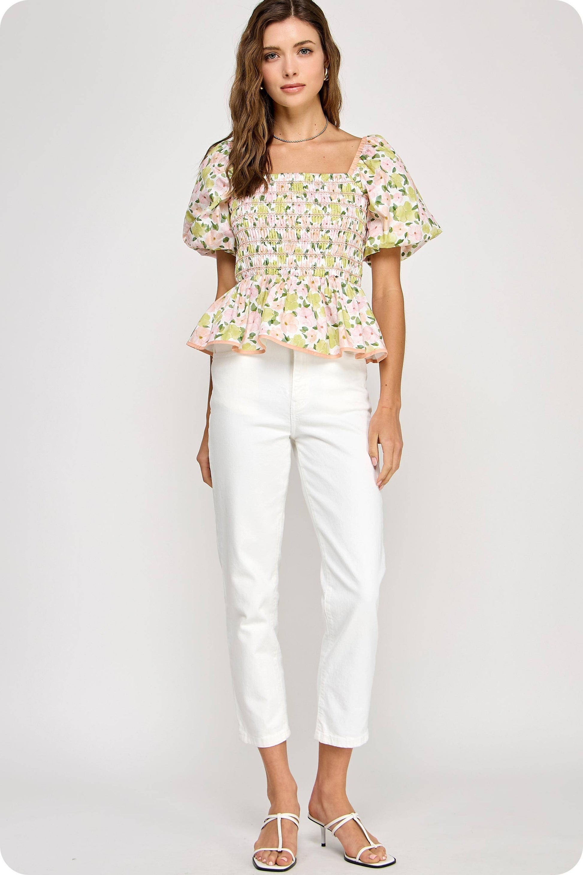 Smocked Floral Peplum Top