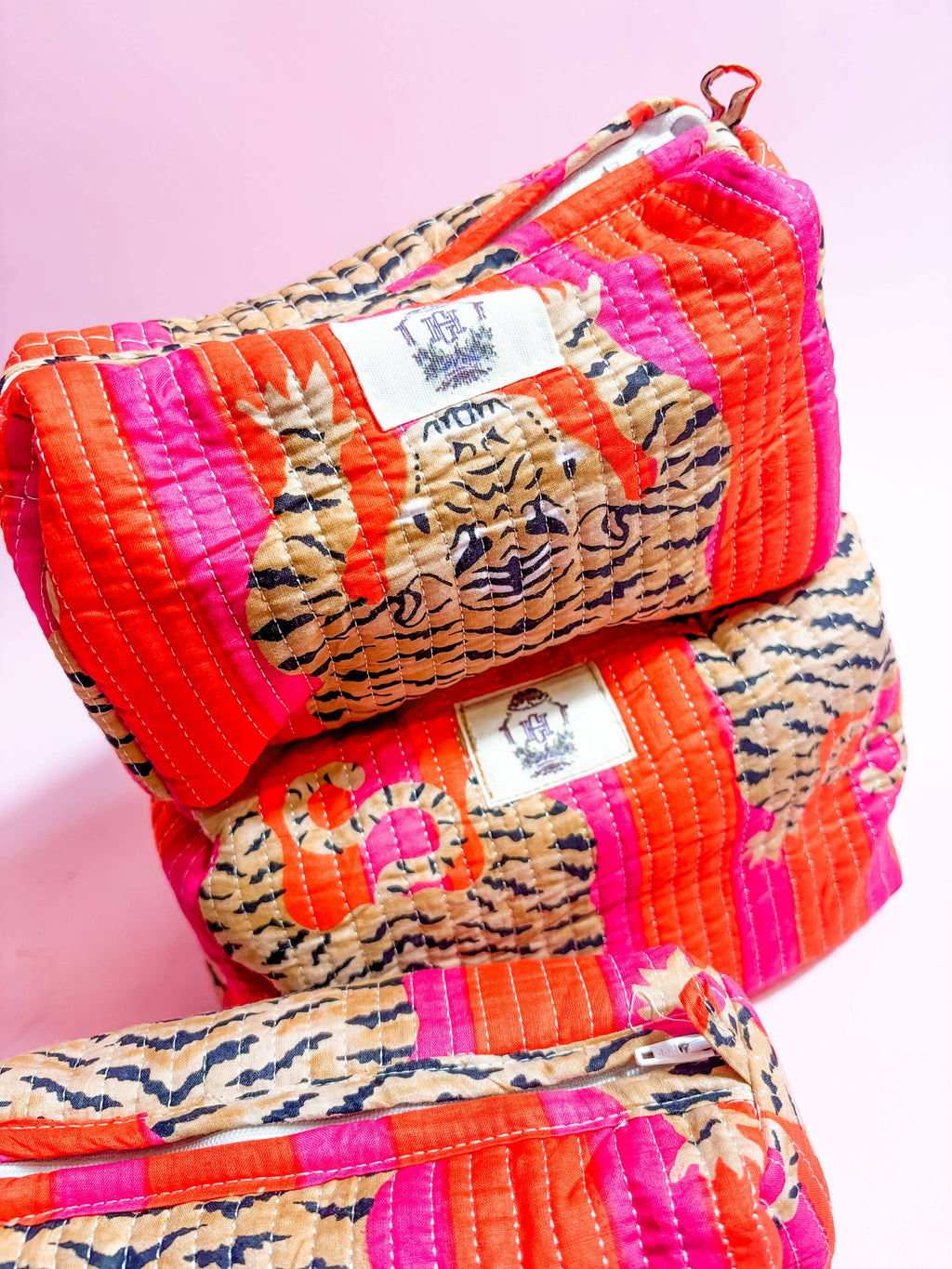 Heart of Grace - Pink/Orange Eye of the Tiger Quilted Cosmetic Bags-set of 3