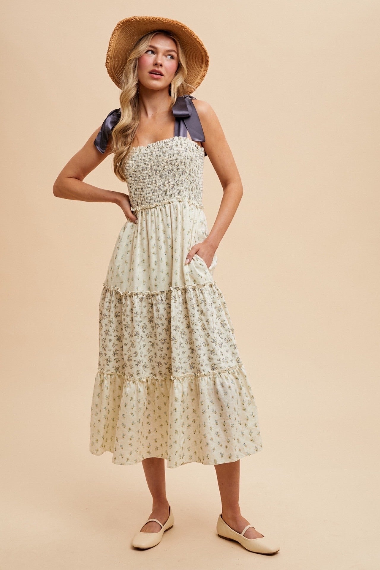 Satin Bow Floral Midi Dress